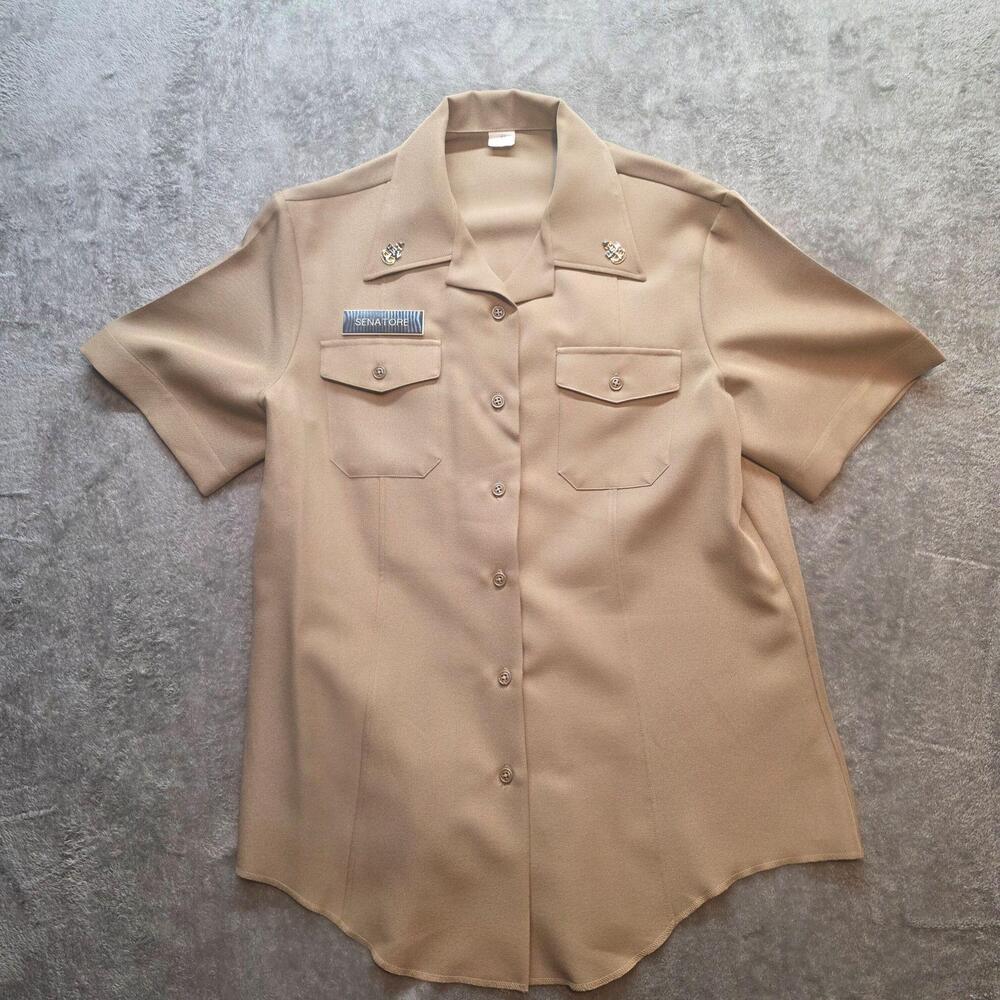 Creighton Button Up Shirt Mens 42 Beige Twill Short Sleeve Navy Uniform Vtg